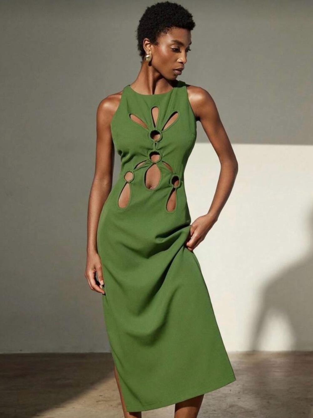 Sleeveless Olive Green Cutout Midi Dress